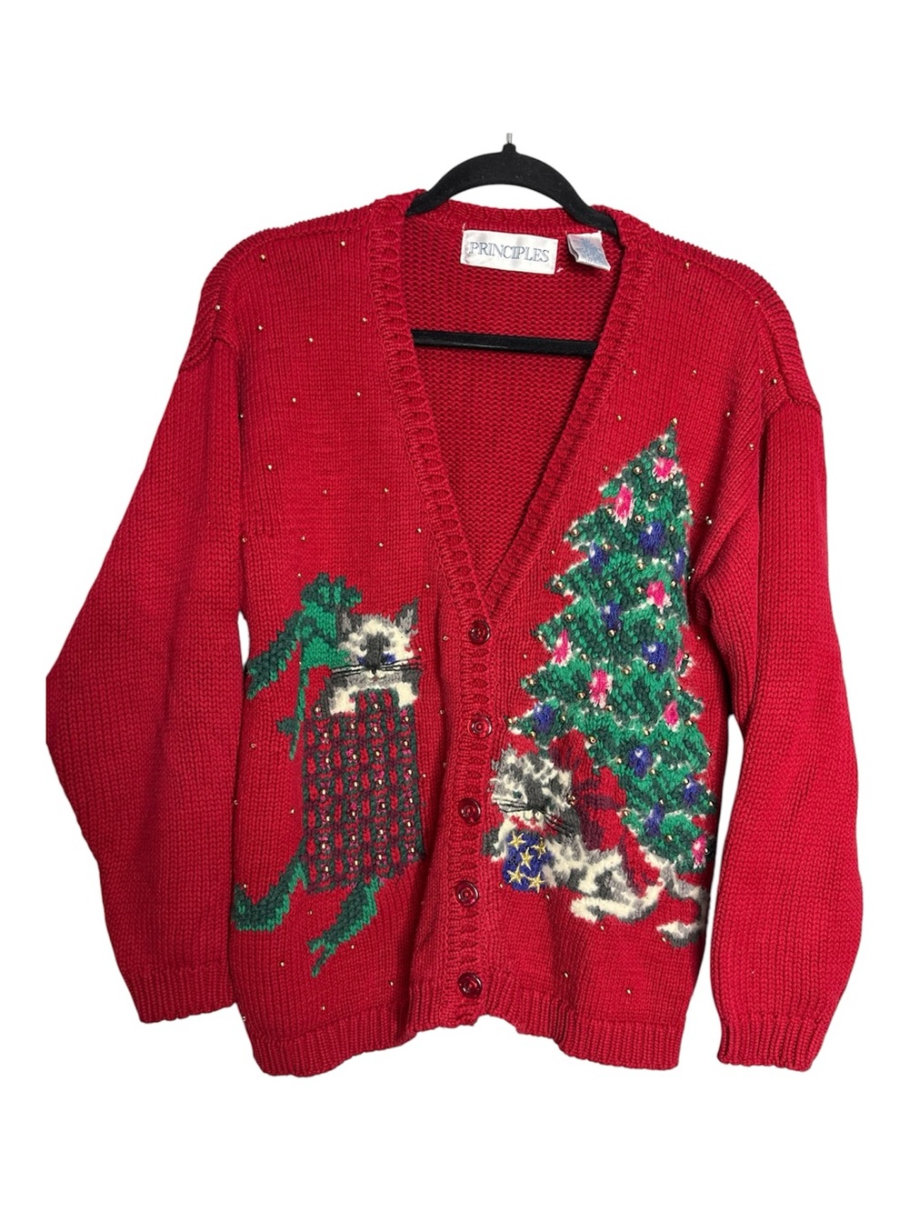 Vintage Principles Thick Knit Cat Ugly Christmas V Neck Cardigan, size S